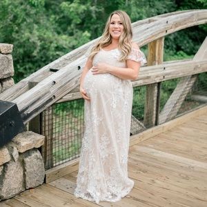 Maternity Ivory Floral Embroidered Mesh Maternity Evening Gown